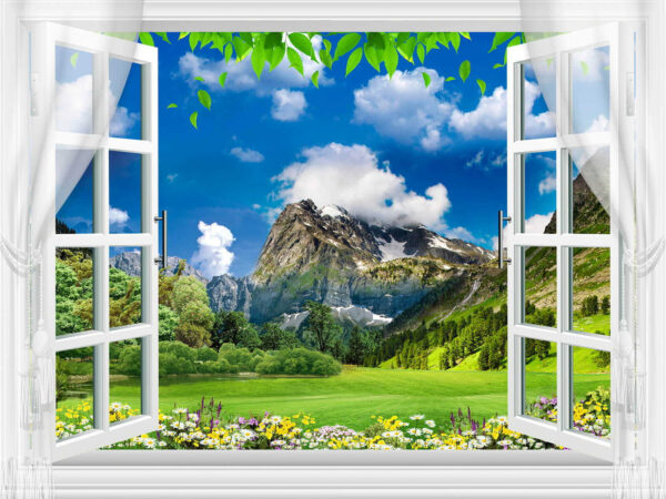Fenster mit Blick auf eine Bergkette und Bäume Fenster mit Blick auf eine Bergkette und Bäume