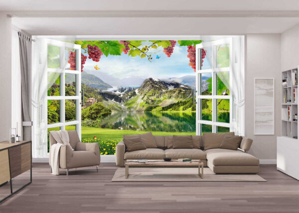 Fenster mit Blick auf einen See und Berge Fenster mit Blick auf einen See und Berge