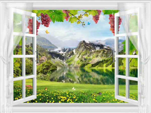 Fenster mit Blick auf einen See und Berge Fenster mit Blick auf einen See und Berge