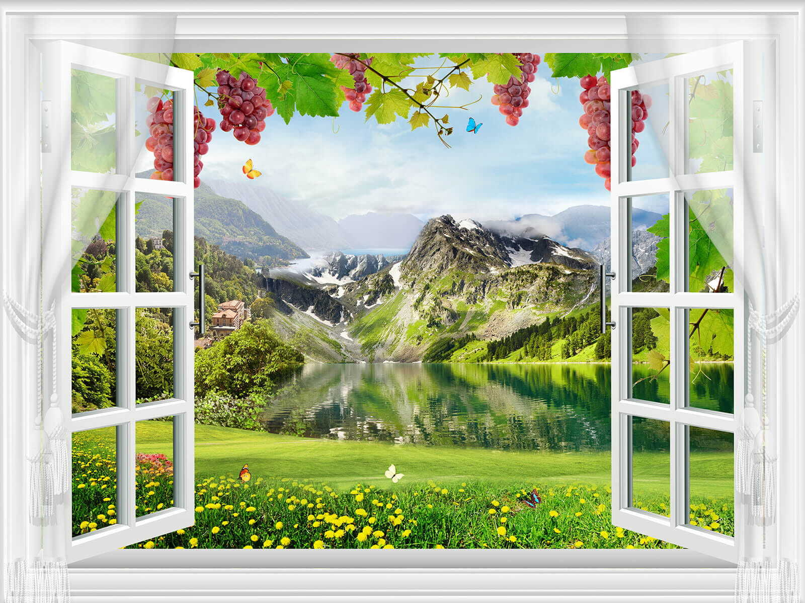 Window with a view of a lake and mountains