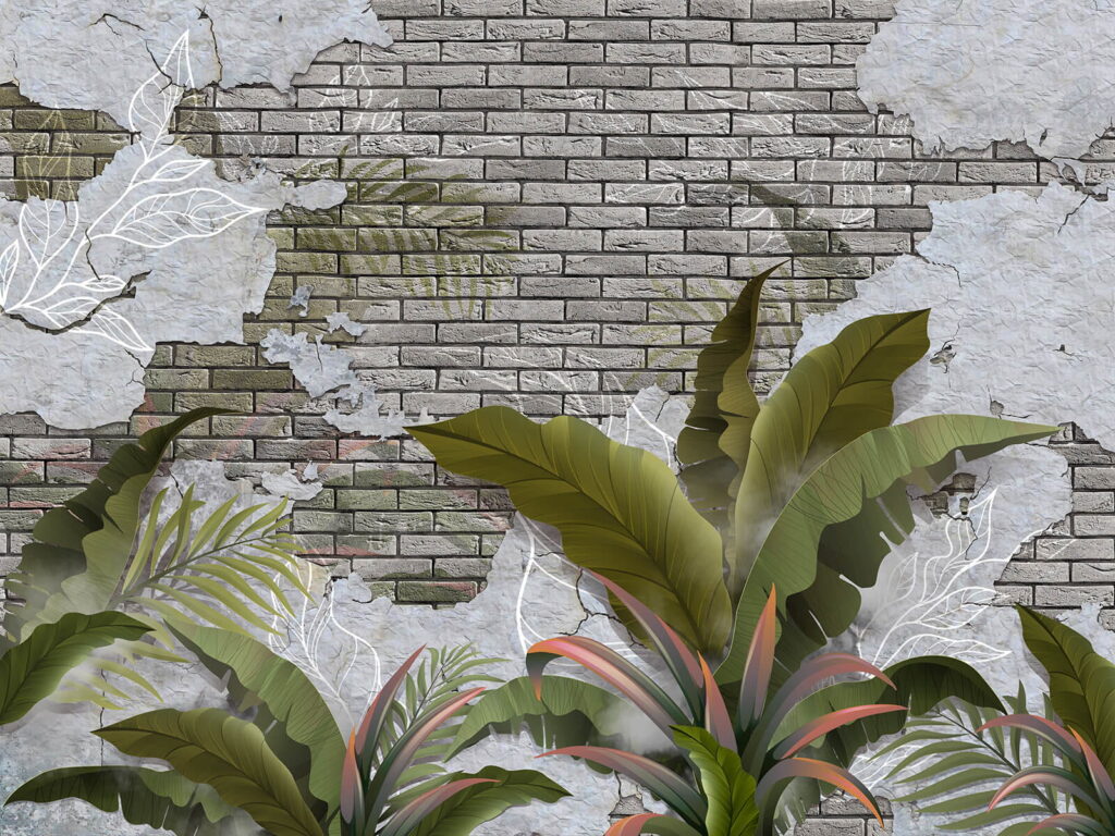Backsteinmauer mit Blättern und einer Backsteinmauer Backsteinmauer mit Blättern und einer Backsteinmauer