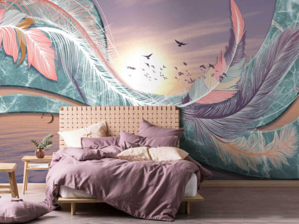 Bunte Federn und Vögel, die über Wasser fliegen Bunte Federn und Vögel, die über Wasser fliegen