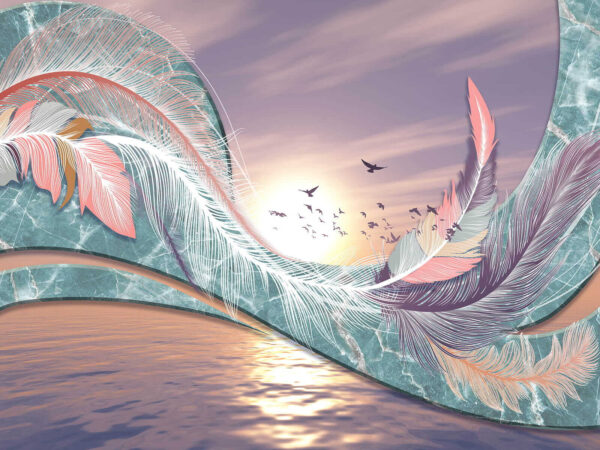 Bunte Federn und Vögel, die über Wasser fliegen Bunte Federn und Vögel, die über Wasser fliegen