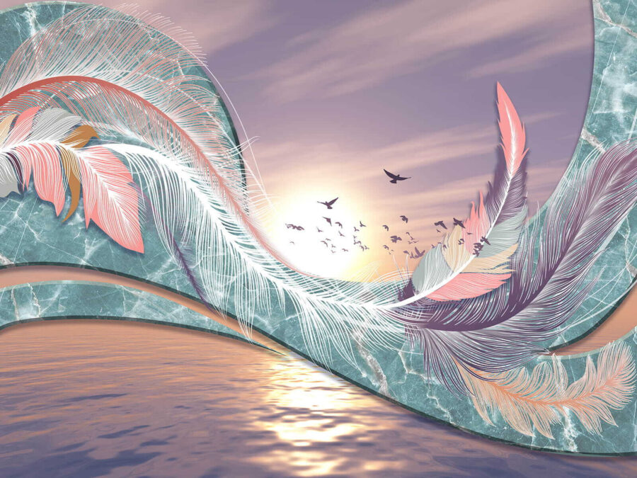 Bunte Federn und Vögel, die über Wasser fliegen