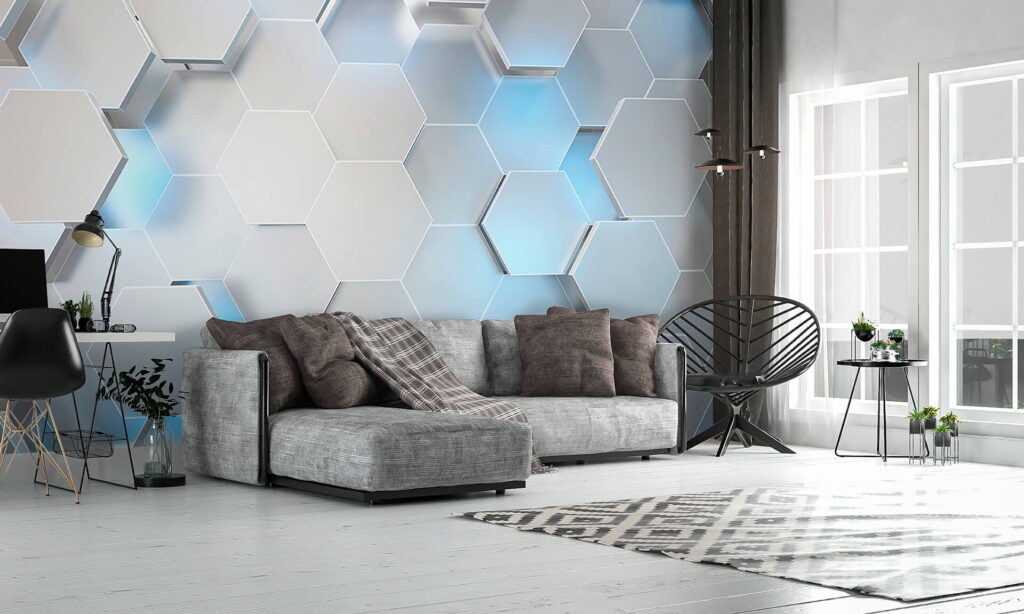 White hexagons with blue lights