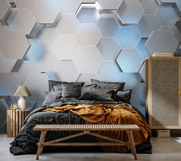 White hexagons with blue lights White hexagons with blue lights