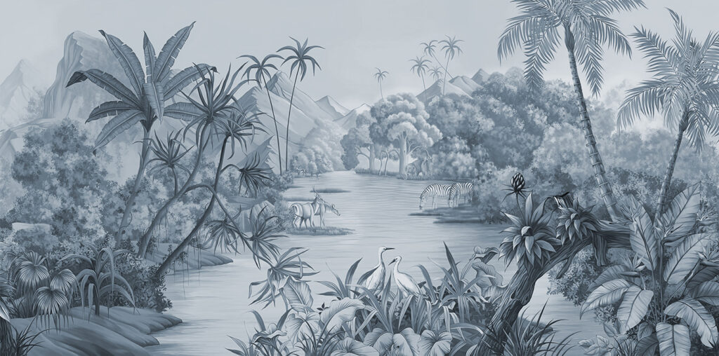 Ein Fluss mit Zebras und Bergen Ein Fluss mit Zebras und Bergen