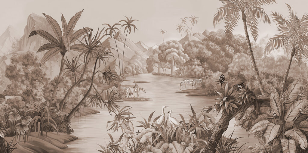 A river with zebras and mountains