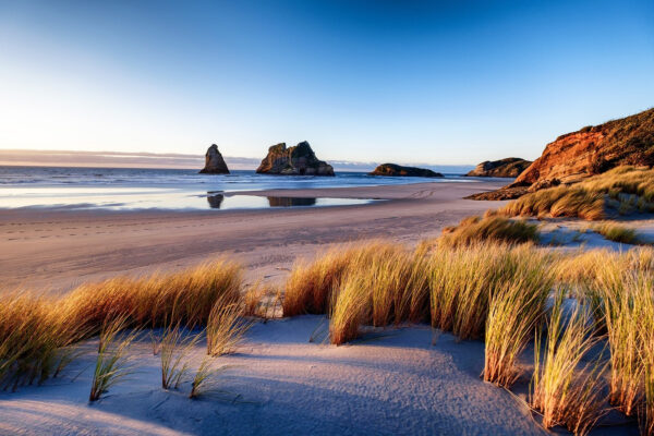 Strand mit hohem Gras und Felsen Strand mit hohem Gras und Felsen