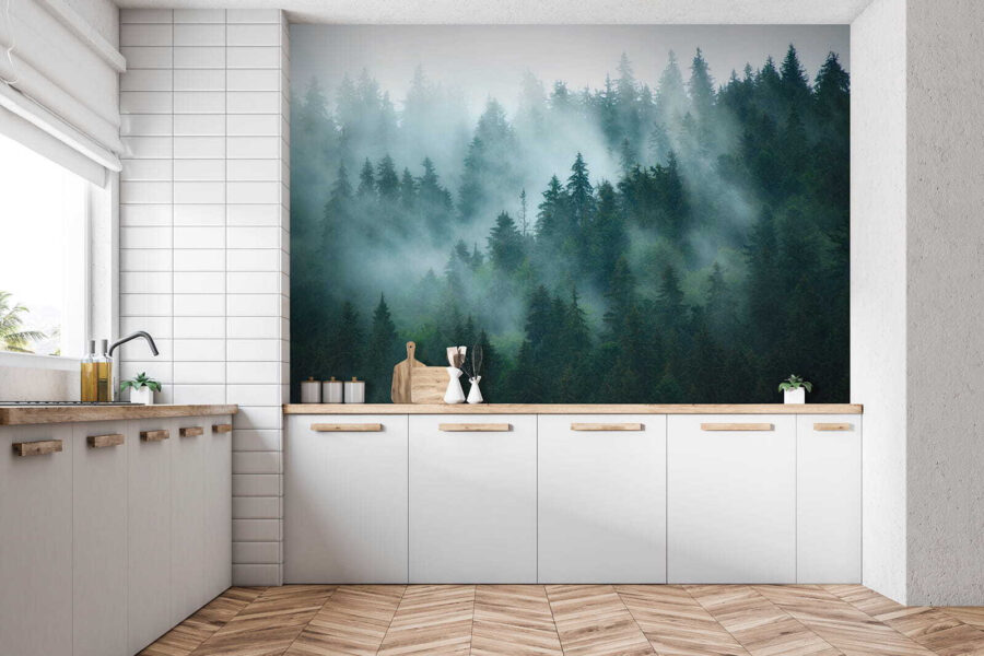Nebliger Wald mit Bäumen