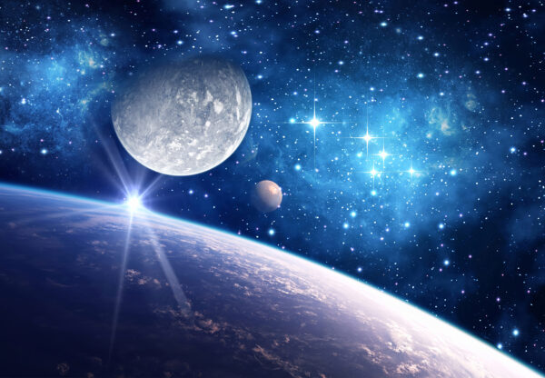 Planet und Mond im Weltraum Planet und Mond im Weltraum