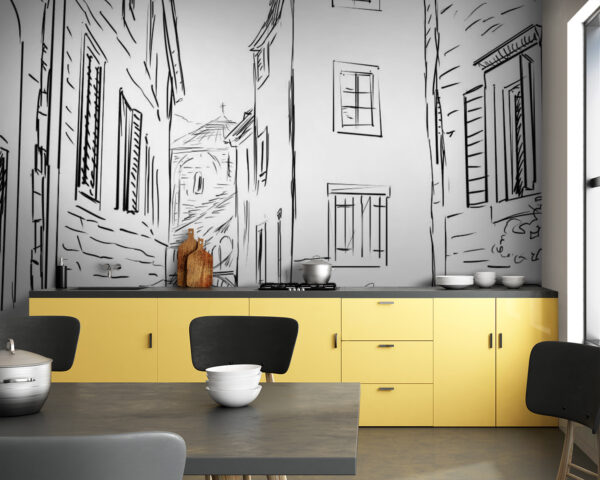 Fototapeten Fototapeten Zeichnung einer Straße mit Gebäuden (Artikelnummer: u57680)