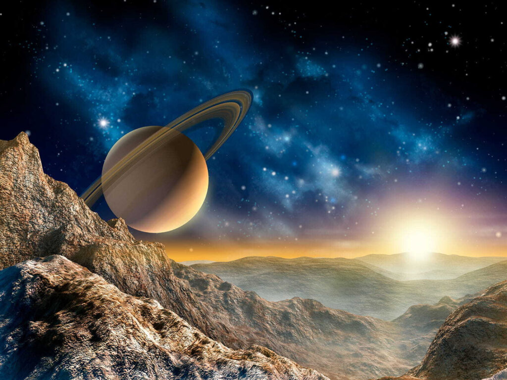 Planet mit Ringen am Himmel Planet mit Ringen am Himmel