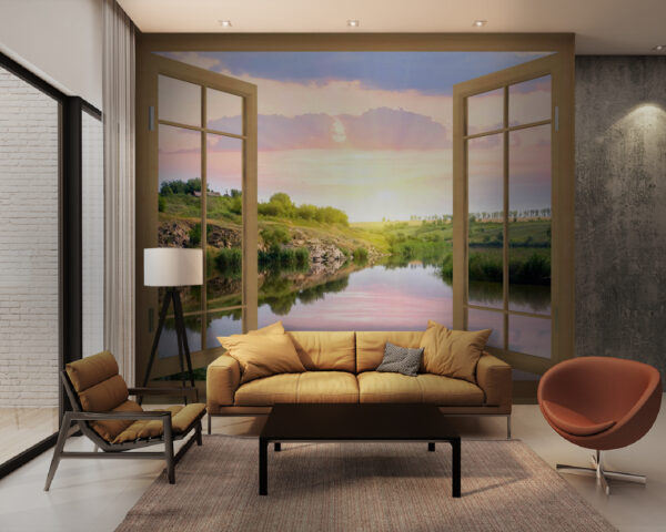 Fenster mit Blick auf einen Fluss und einen grasbewachsenen Hügel Fenster mit Blick auf einen Fluss und einen grasbewachsenen Hügel