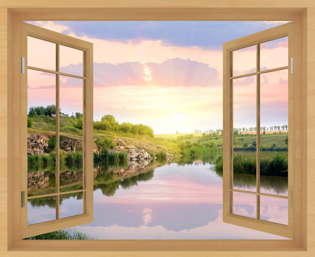 Fenster mit Blick auf einen Fluss und einen grasbewachsenen Hügel Fenster mit Blick auf einen Fluss und einen grasbewachsenen Hügel