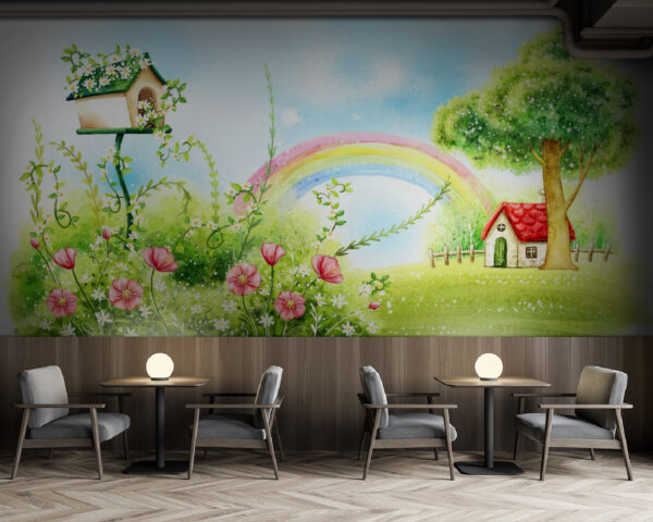 Regenbogen und Blumen auf einer grünen Wiese Regenbogen und Blumen auf einer grünen Wiese