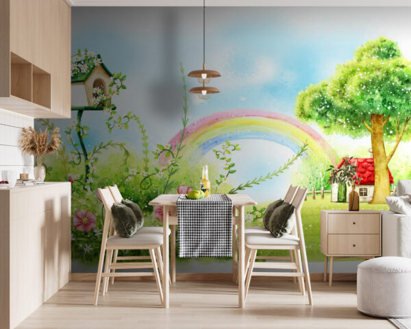 Regenbogen und Blumen auf einer grünen Wiese Regenbogen und Blumen auf einer grünen Wiese