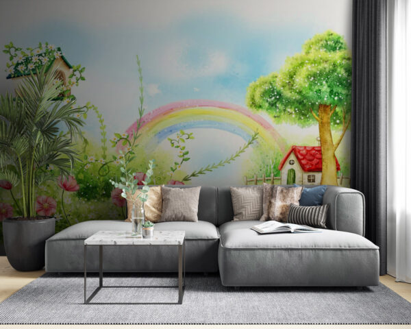 Regenbogen und Blumen auf einer grünen Wiese Regenbogen und Blumen auf einer grünen Wiese