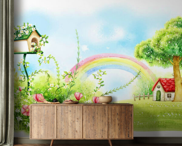 Regenbogen und Blumen auf einer grünen Wiese Regenbogen und Blumen auf einer grünen Wiese