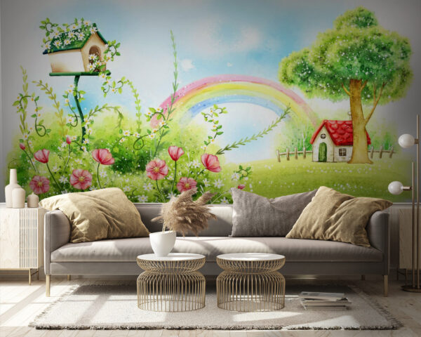 Regenbogen und Blumen auf einer grünen Wiese Regenbogen und Blumen auf einer grünen Wiese