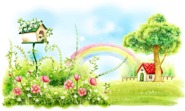 Regenbogen und Blumen auf einer grünen Wiese Regenbogen und Blumen auf einer grünen Wiese