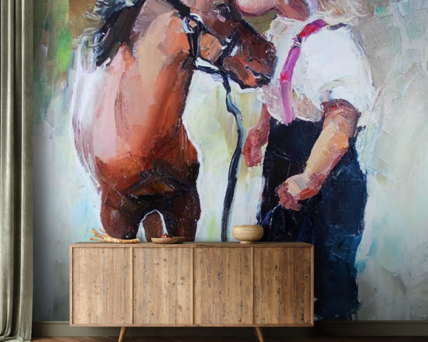 Gemälde eines Mädchens, das ein Pferd küsst Gemälde eines Mädchens, das ein Pferd küsst