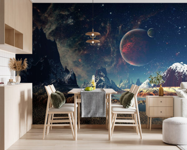 Landschaft aus Bergen und Wasser mit Planeten und Sternen Landschaft aus Bergen und Wasser mit Planeten und Sternen