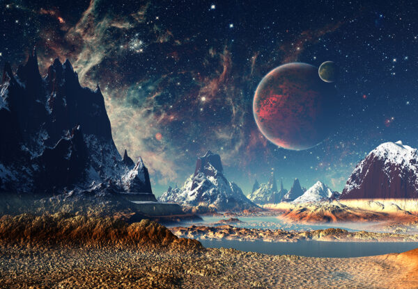 Landschaft aus Bergen und Wasser mit Planeten und Sternen Landschaft aus Bergen und Wasser mit Planeten und Sternen