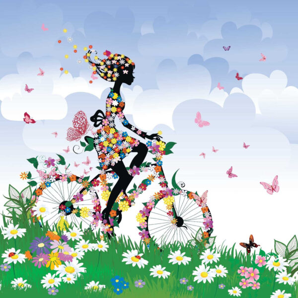 Frau auf einem Fahrrad mit Blumen Frau auf einem Fahrrad mit Blumen