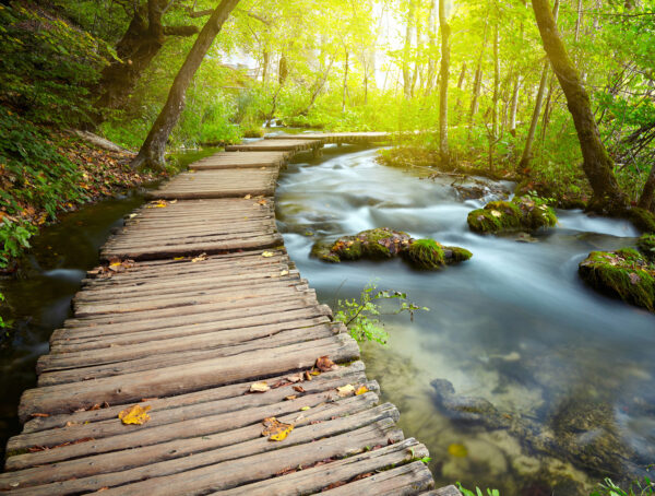 Hölzerne Brücke über einen Fluss Hölzerne Brücke über einen Fluss