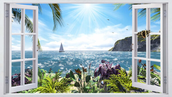 Fenster mit Blick auf das Meer und ein Segelboot Fenster mit Blick auf das Meer und ein Segelboot