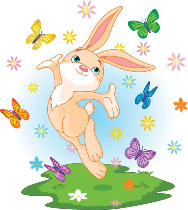 Cartoon eines Kaninchens, das mit Schmetterlingen in die Luft springt Cartoon eines Kaninchens, das mit Schmetterlingen in die Luft springt