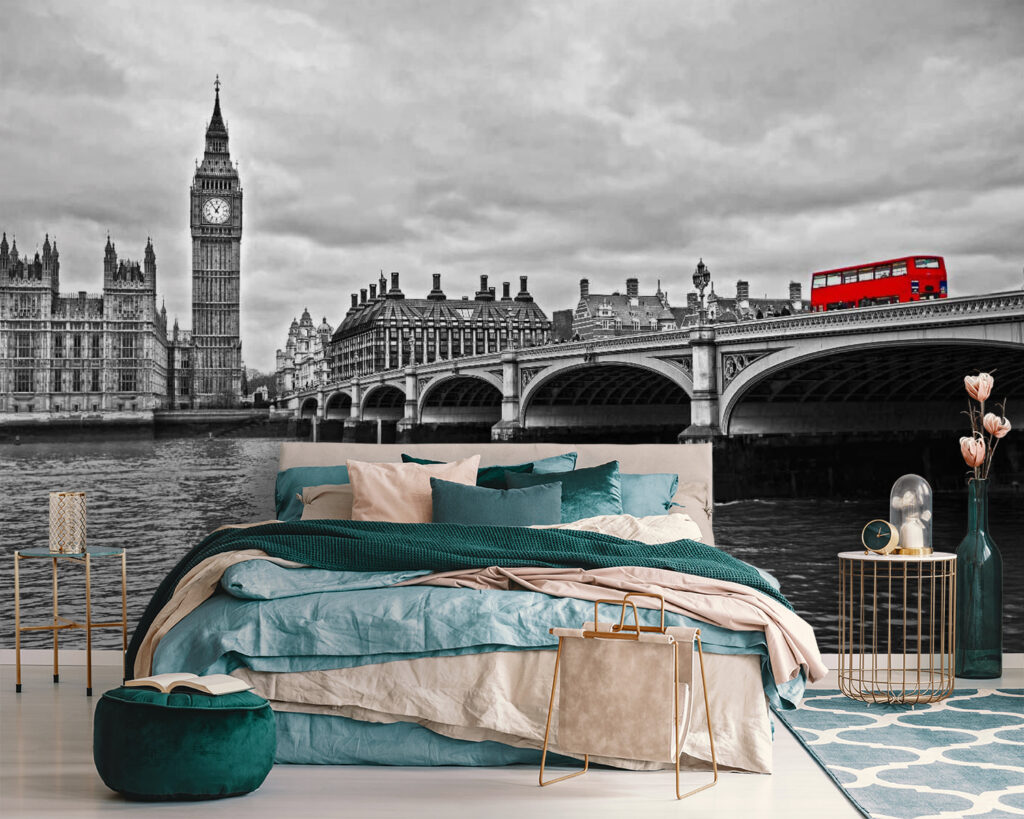 Bridge over water with a clock tower and a red bus Bridge over water with a clock tower and a red bus