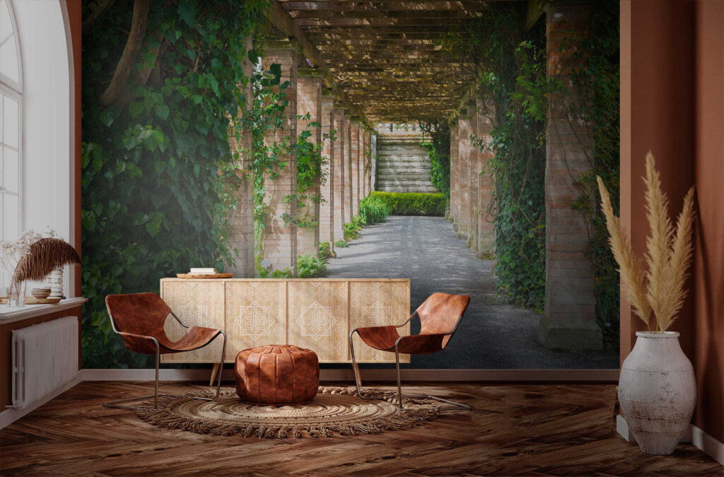 Walkway with stone pillars and vines