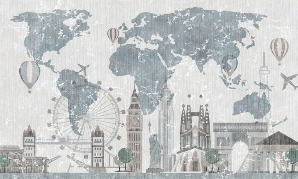 Karte der Welt mit Gebäuden und einem Riesenrad Karte der Welt mit Gebäuden und einem Riesenrad