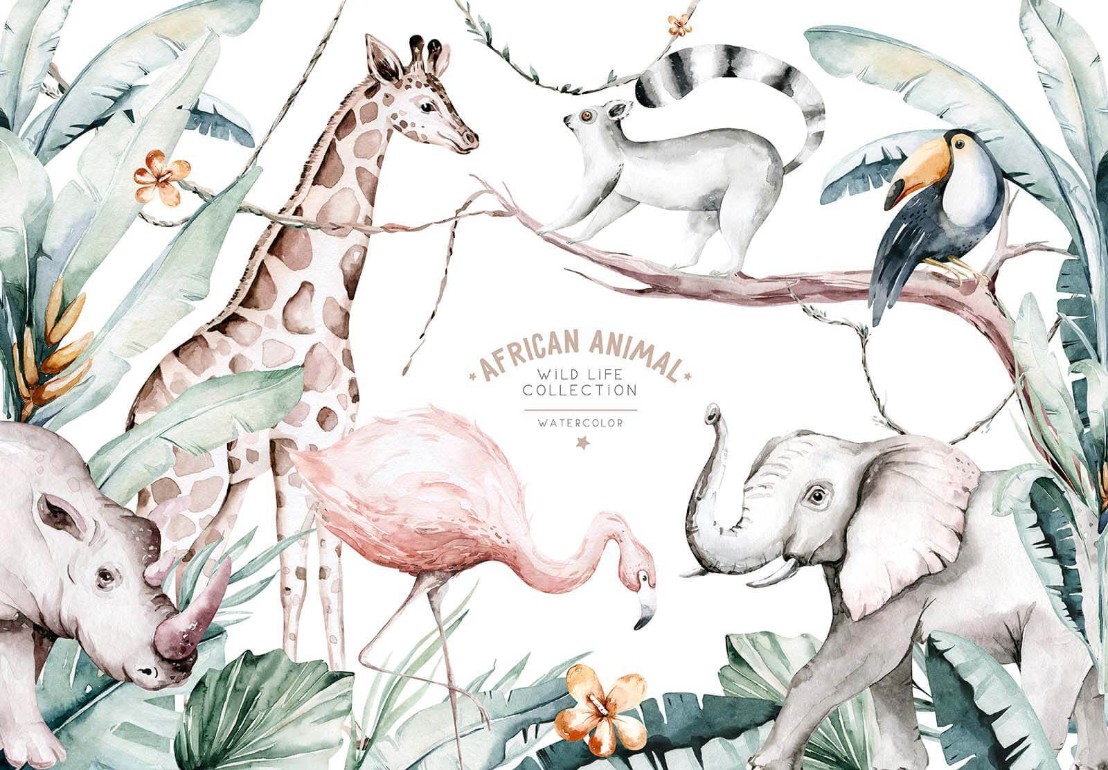 Watercolor illustration of animals and plants