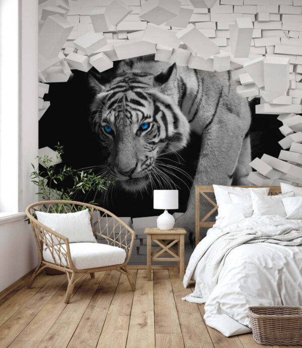 Tiger kommt durch ein Loch in der Wand Tiger kommt durch ein Loch in der Wand