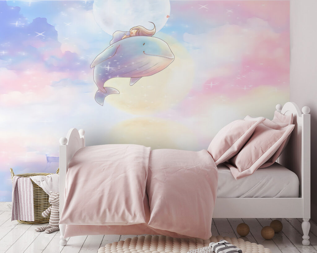 Cartoon of a girl riding a whale