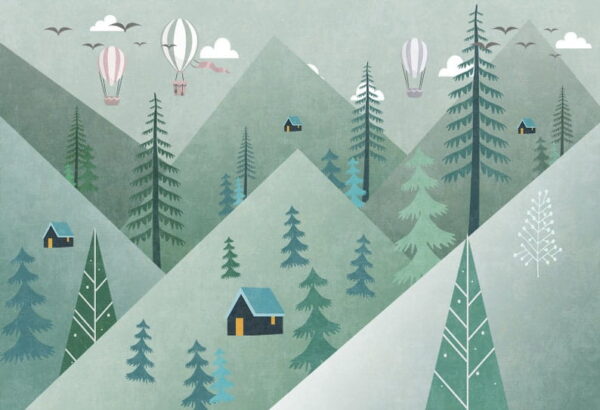 Landschaft mit Bäumen und Heißluftballons Landschaft mit Bäumen und Heißluftballons