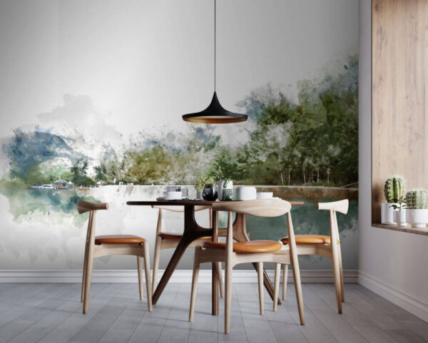 Aquarell eines Sees mit Bäumen und Bergen im Hintergrund Aquarell eines Sees mit Bäumen und Bergen im Hintergrund