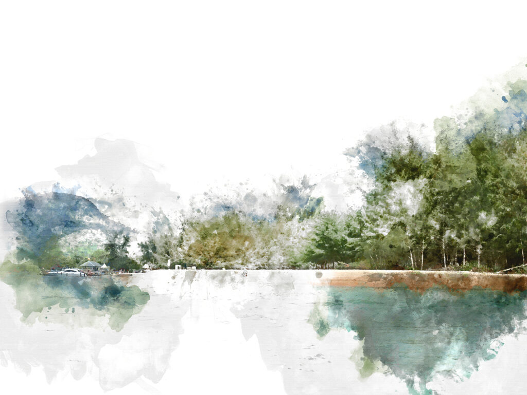 Aquarell eines Sees mit Bäumen und Bergen im Hintergrund Aquarell eines Sees mit Bäumen und Bergen im Hintergrund