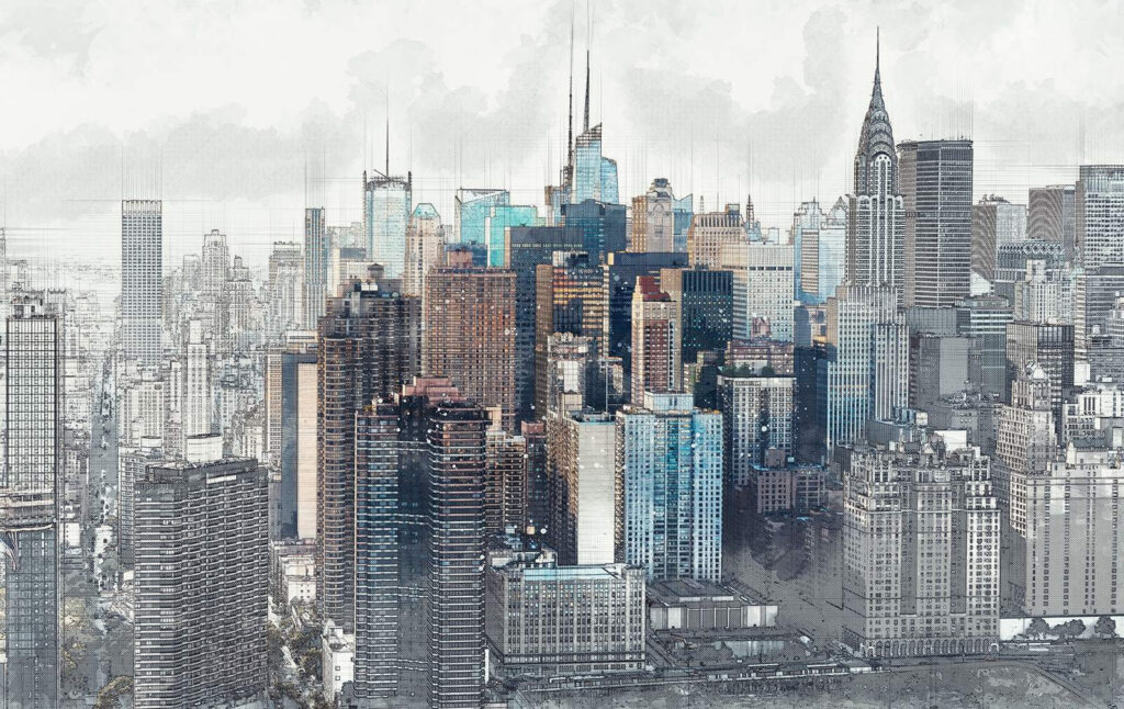 Skyline der Stadt mit vielen hohen Gebäuden Skyline der Stadt mit vielen hohen Gebäuden