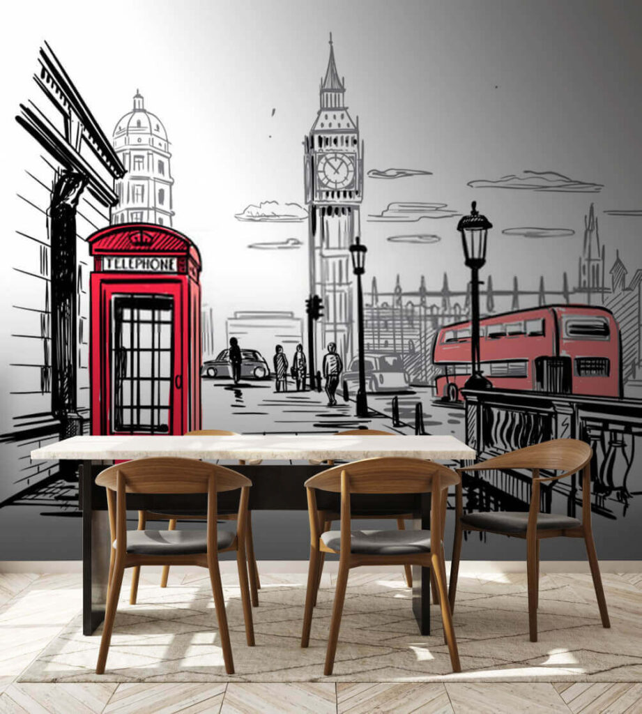 Red telephone booth and a red bus on a street Red telephone booth and a red bus on a street