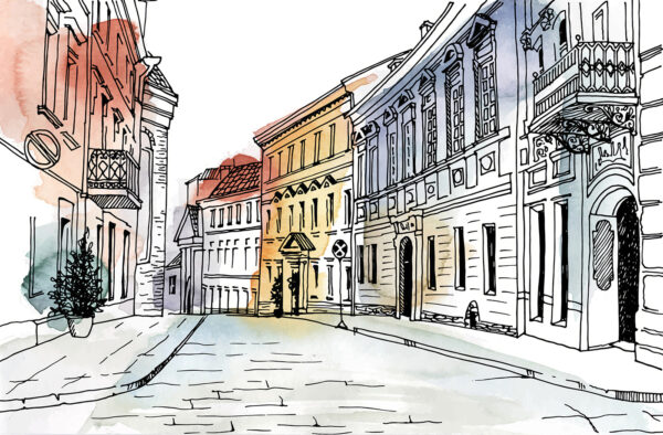 Zeichnung einer Straße mit Gebäuden Zeichnung einer Straße mit Gebäuden
