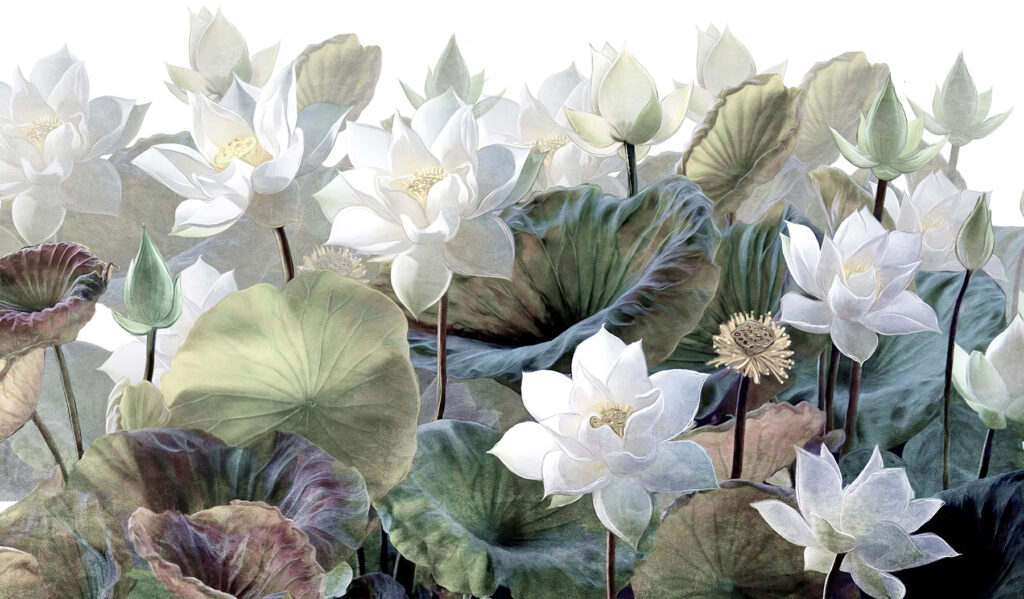 Gruppe von weißen Blüten und grünen Blättern Gruppe von weißen Blüten und grünen Blättern