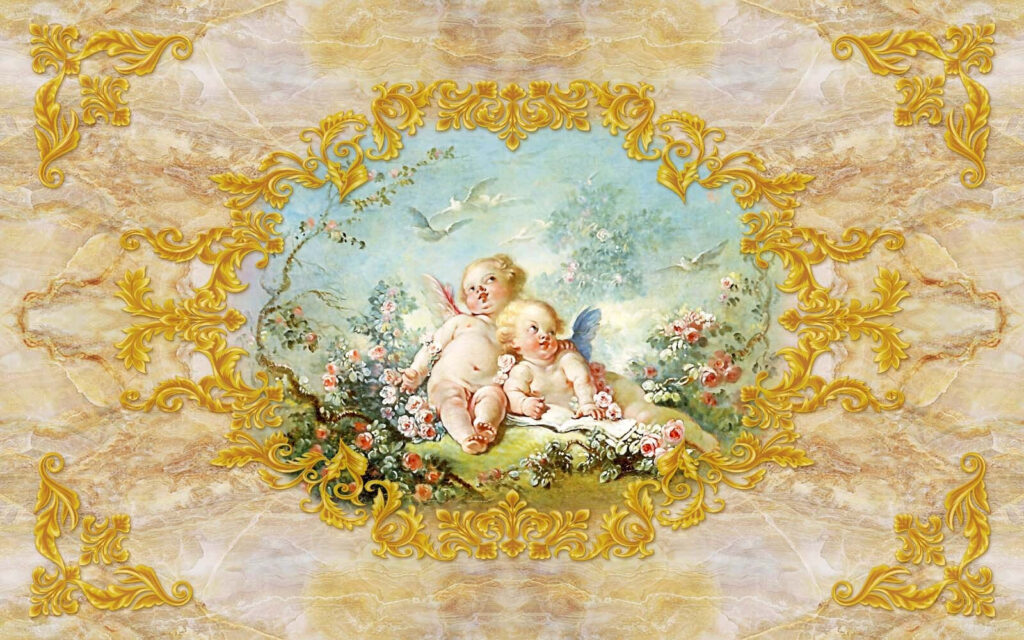 Gemälde von Engeln und Blumen Gemälde von Engeln und Blumen