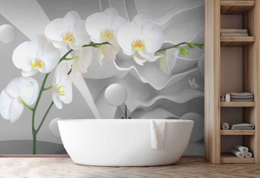 Weiße Orchideen und weiße Kugeln Weiße Orchideen und weiße Kugeln