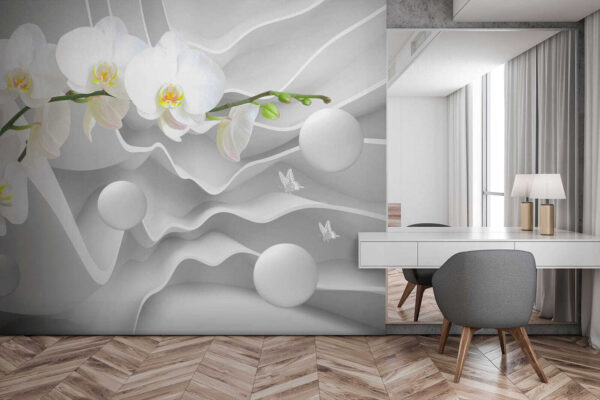 Weiße Orchideen und weiße Kugeln Weiße Orchideen und weiße Kugeln