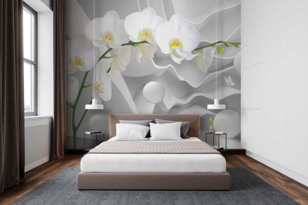 Weiße Orchideen und weiße Kugeln Weiße Orchideen und weiße Kugeln