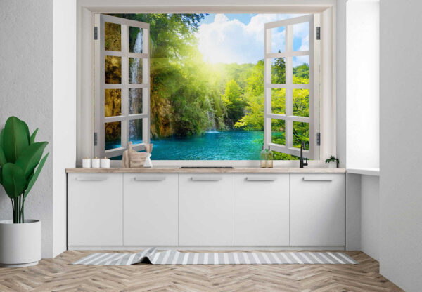 Fenster mit einem Wasserfall und Bäumen Fenster mit einem Wasserfall und Bäumen